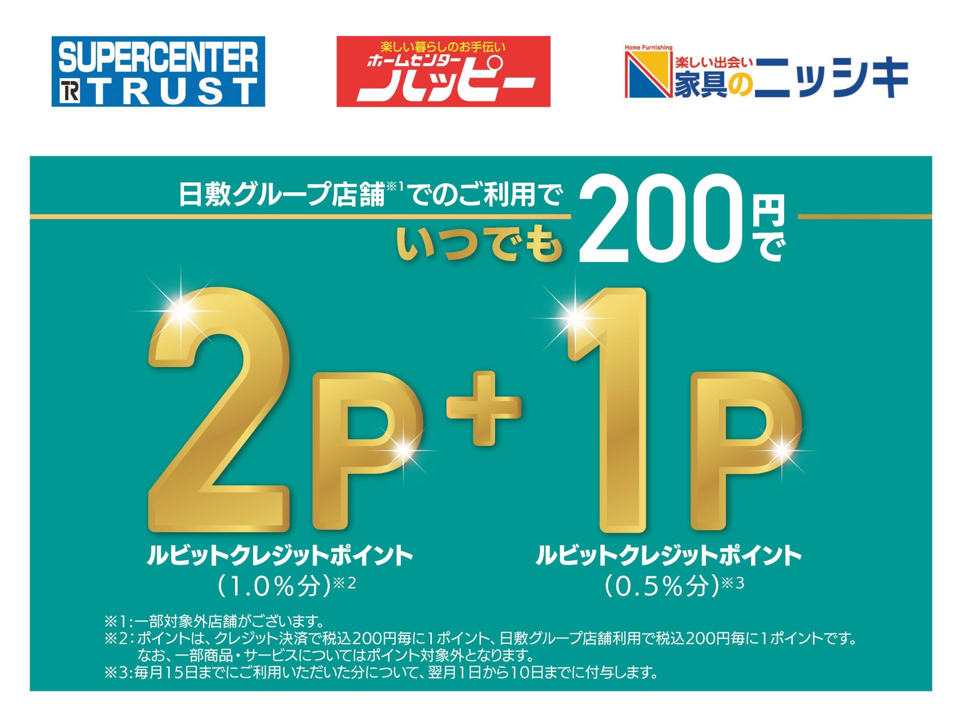 ニッシキ・ハッピー・Trust店舗ご利用200円で2+1ポイント