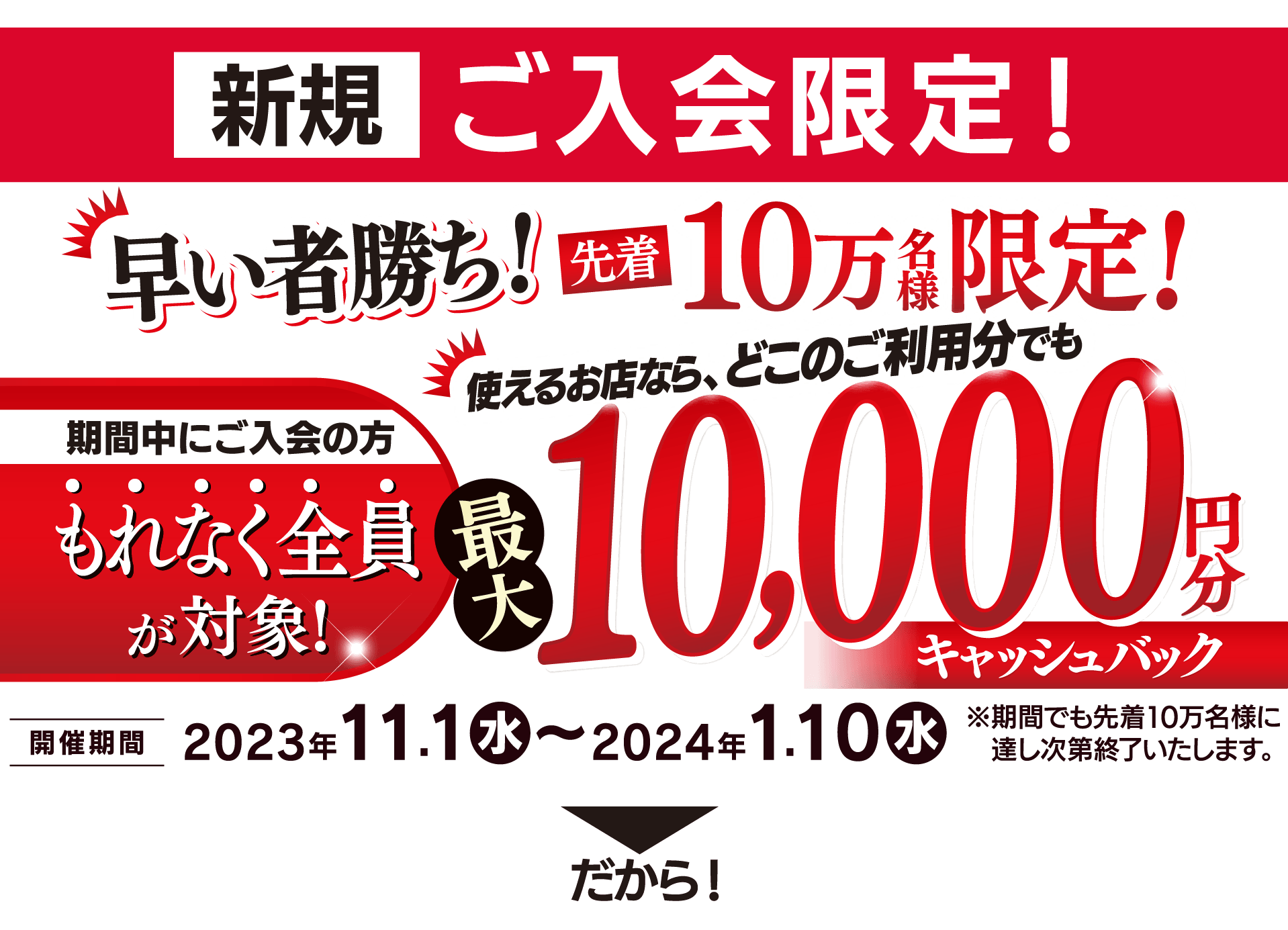 新規ご入会限定　早い者勝ち！先着10万名様限定　最大10,000円分キャッシュバック